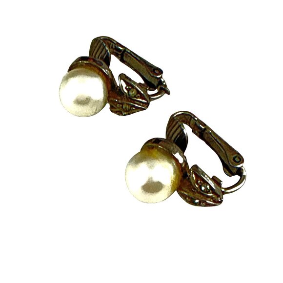 Vintage Faux Pearl Clip-On Earrings Leaf Design Art Deco Style Costume Jewelry - Picture 3 of 12